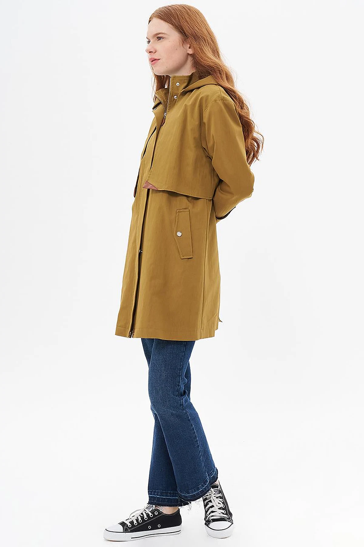 Stand Collar Coat with Pocket Detail Dark Olive
