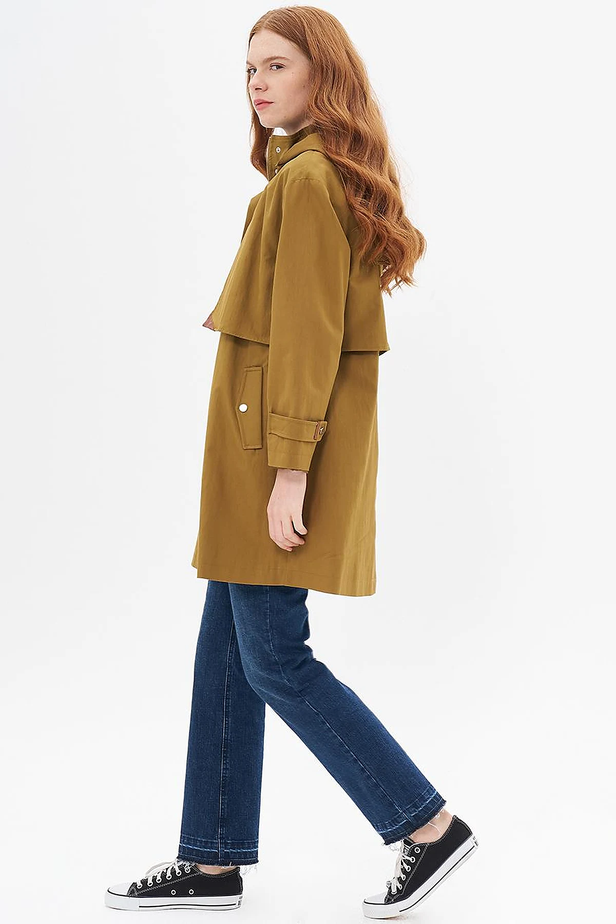 Stand Collar Coat with Pocket Detail Dark Olive