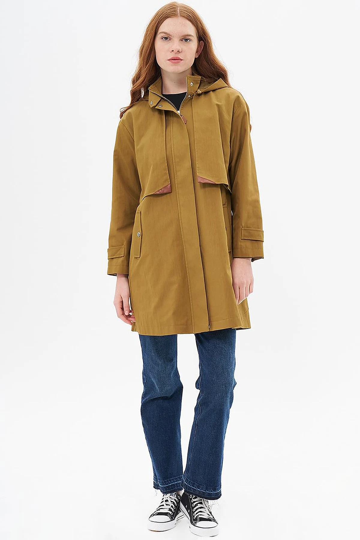 Stand Collar Coat with Pocket Detail Dark Olive