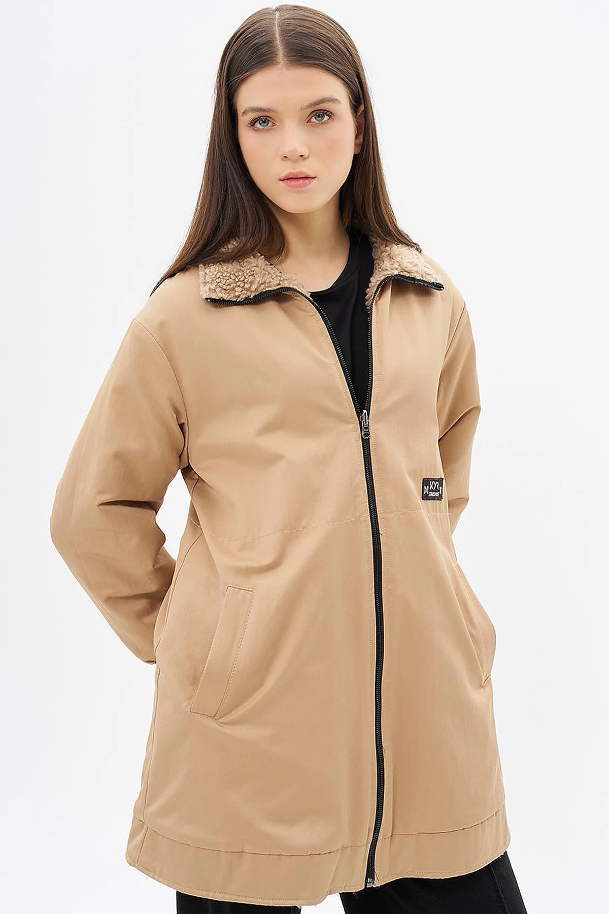 Reversible Faux Fur Coat in Beige