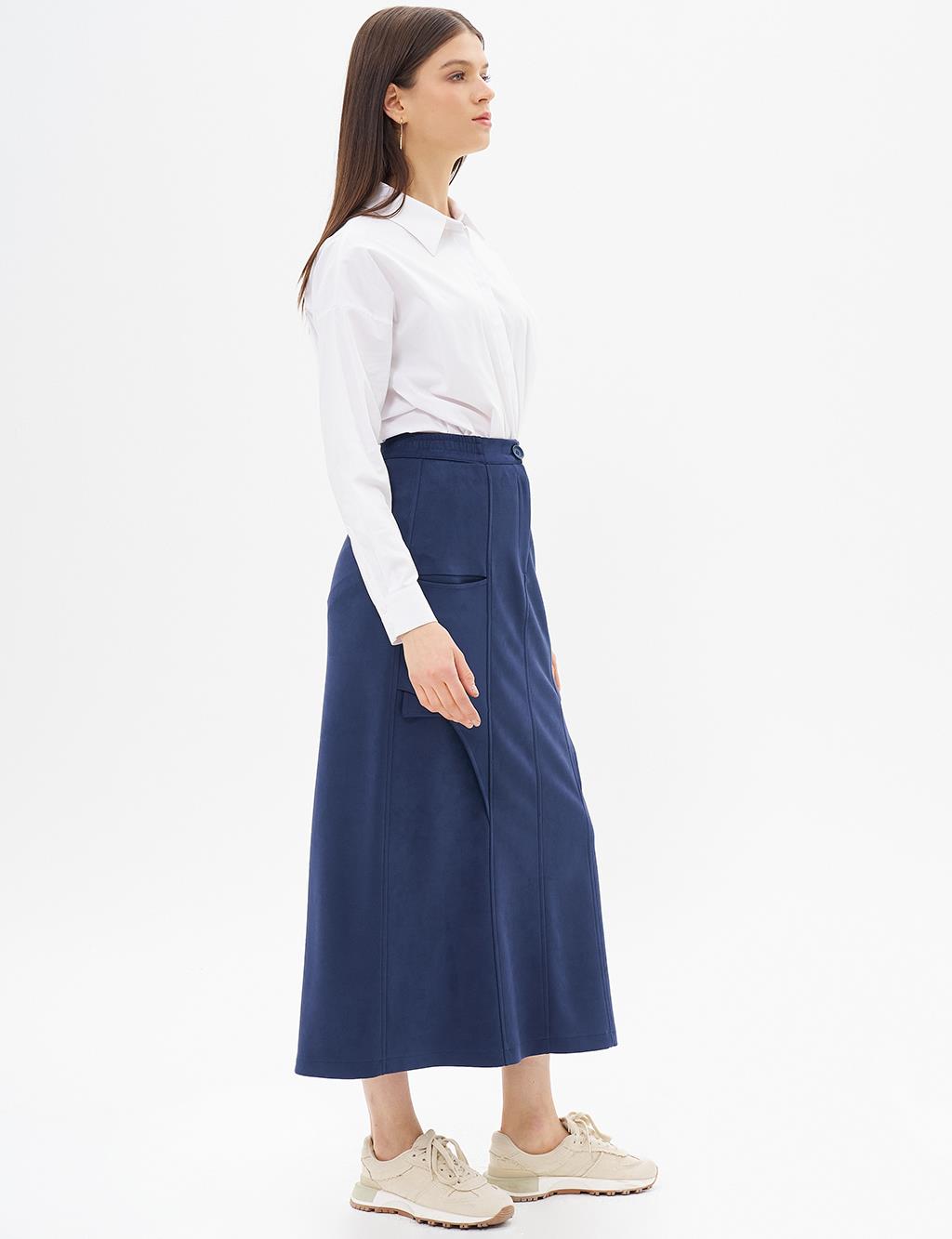 Elastic Waist Suede Skirt Dark Navy Blue