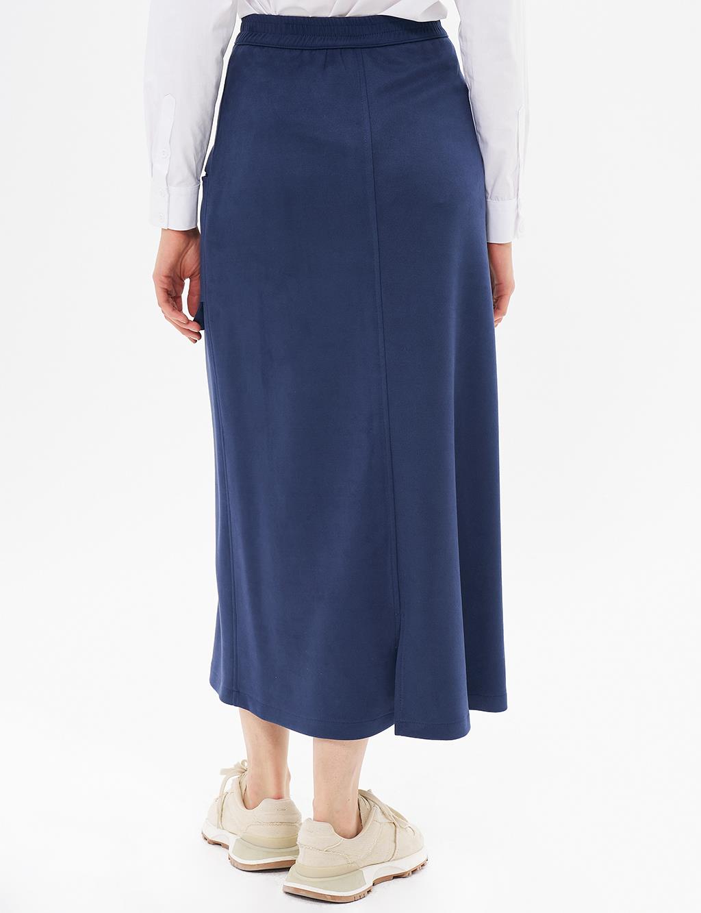 Elastic Waist Suede Skirt Dark Navy Blue