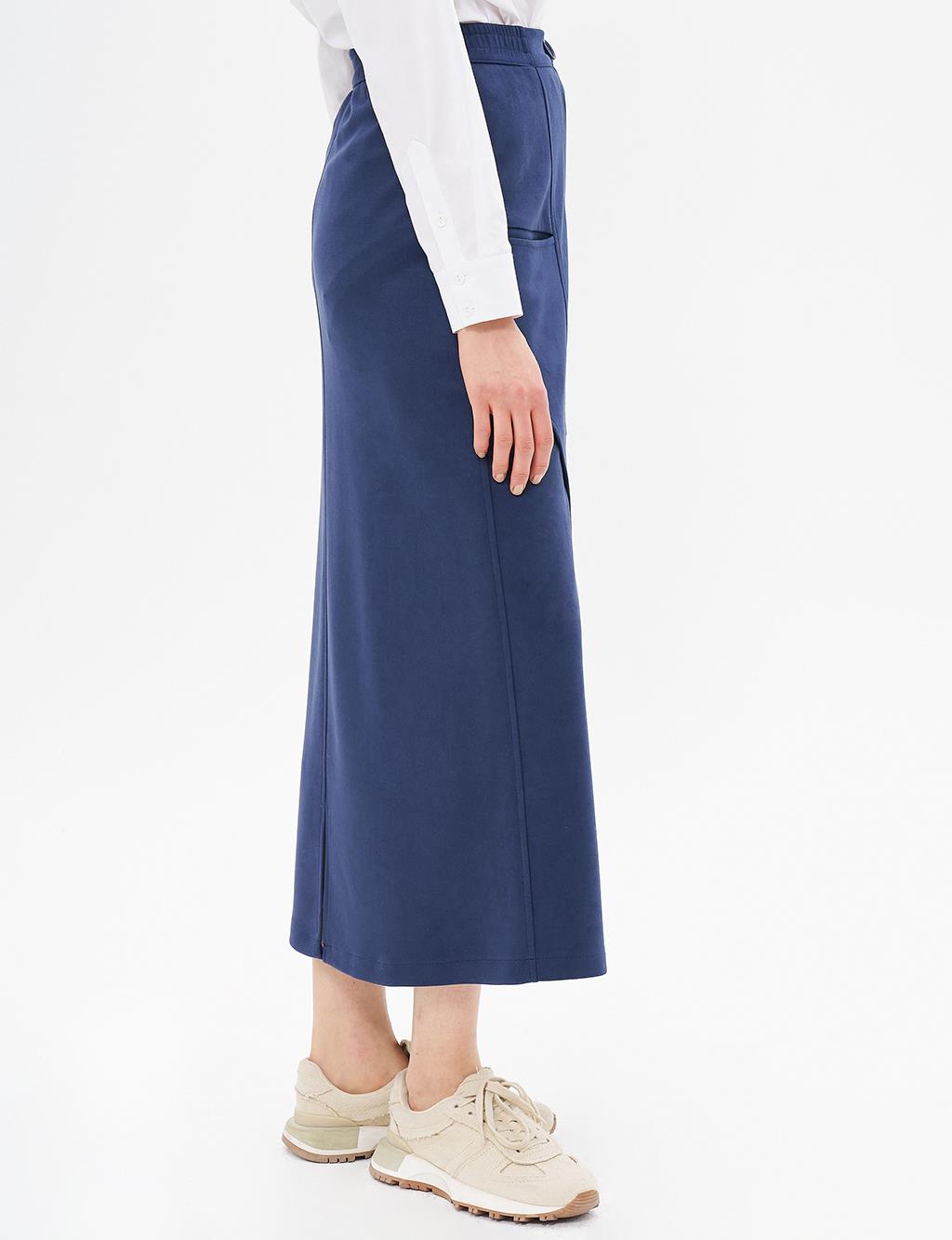 Elastic Waist Suede Skirt Dark Navy Blue