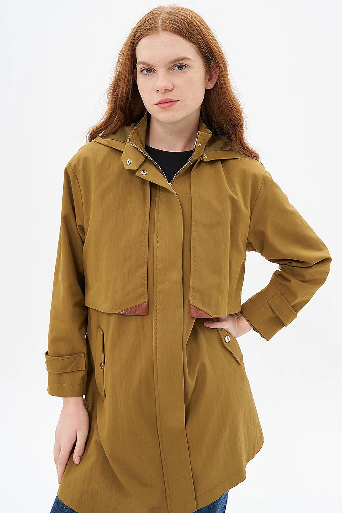Stand Collar Coat with Pocket Detail Dark Olive