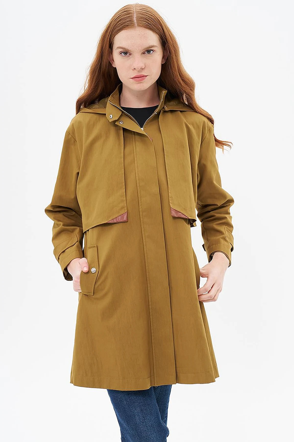 Stand Collar Coat with Pocket Detail Dark Olive