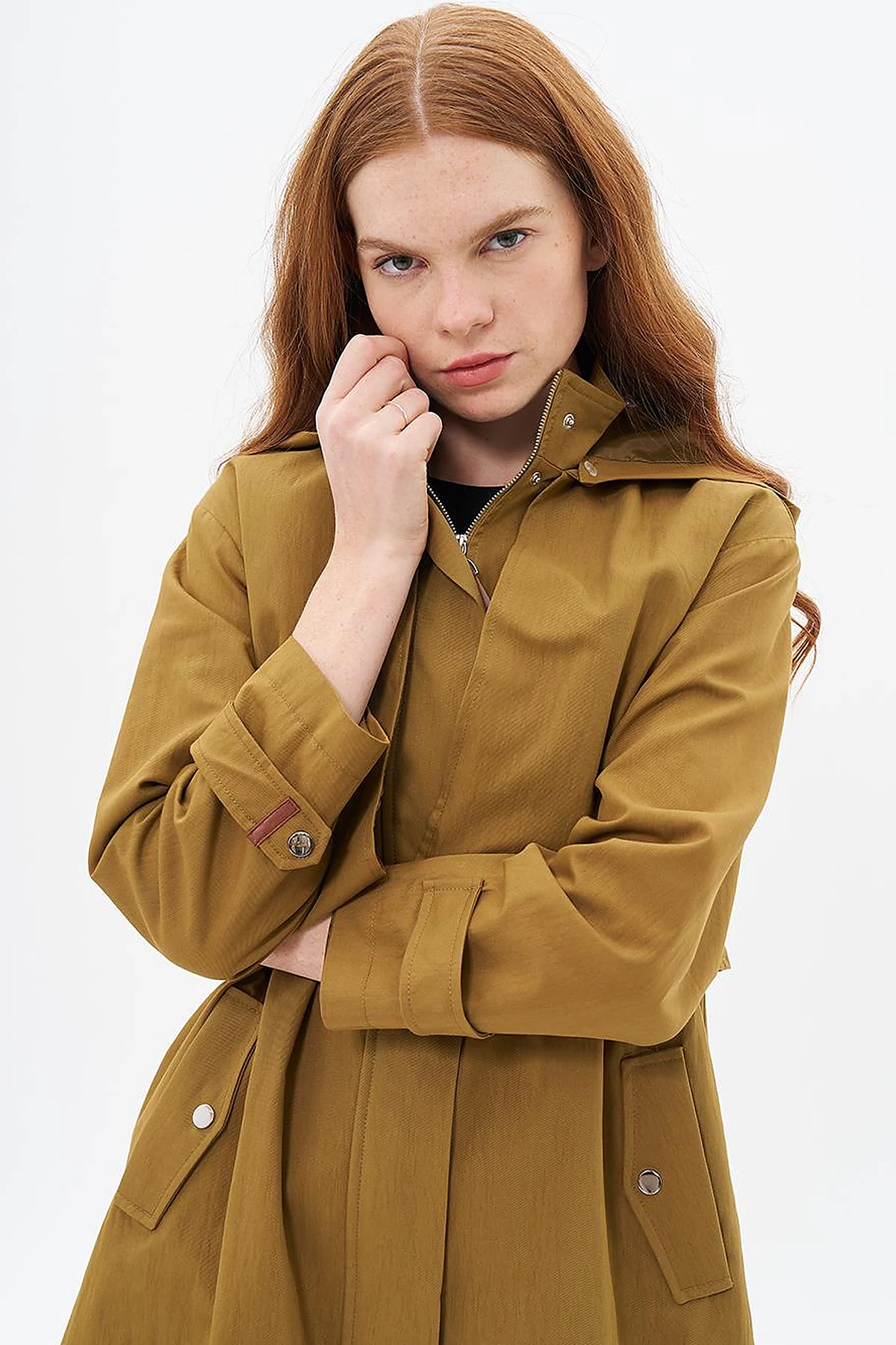Stand Collar Coat with Pocket Detail Dark Olive