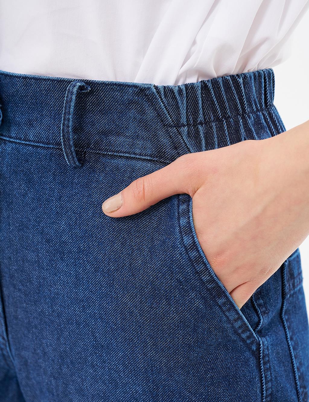 Beli Lastikli Havuç Kesim Denim Pantolon Lacivert