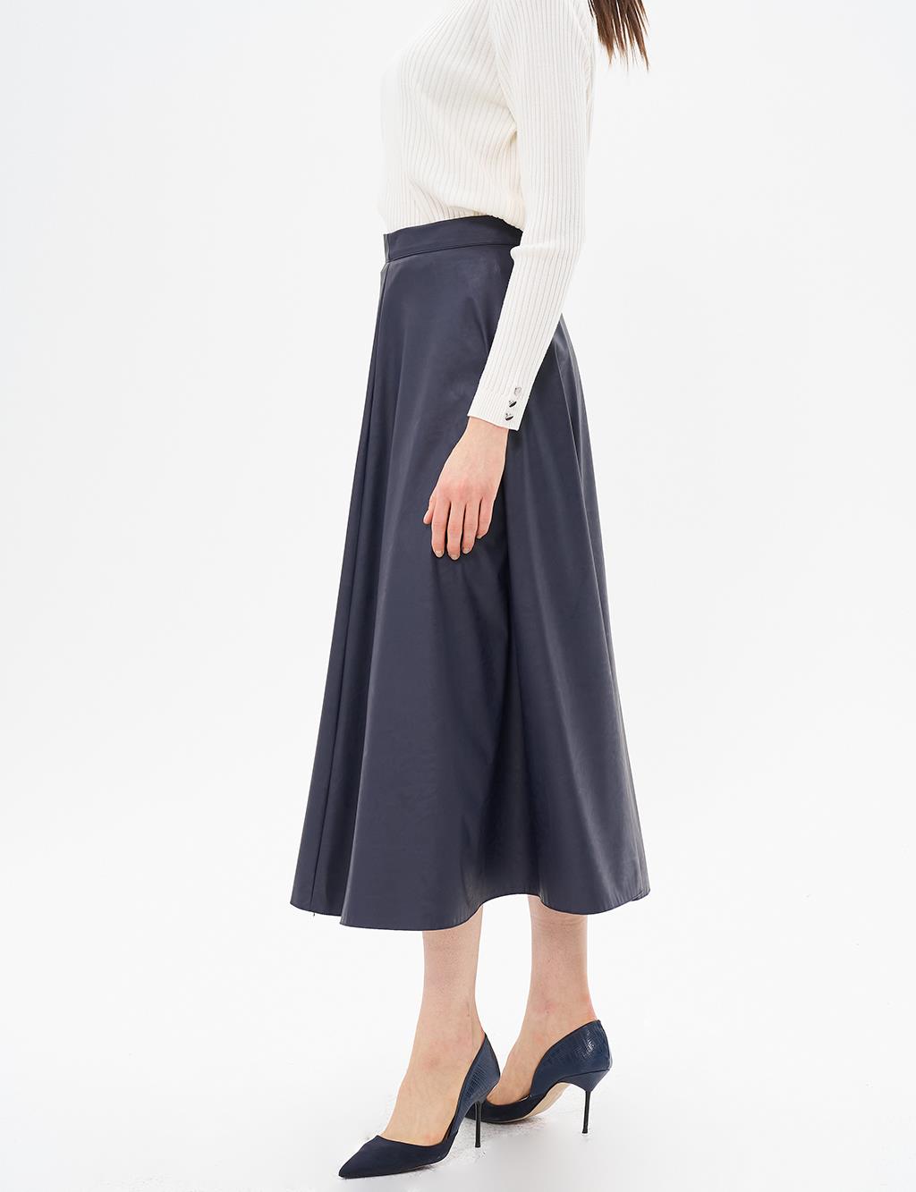 High Waist Faux Leather Skirt Dark Navy Blue