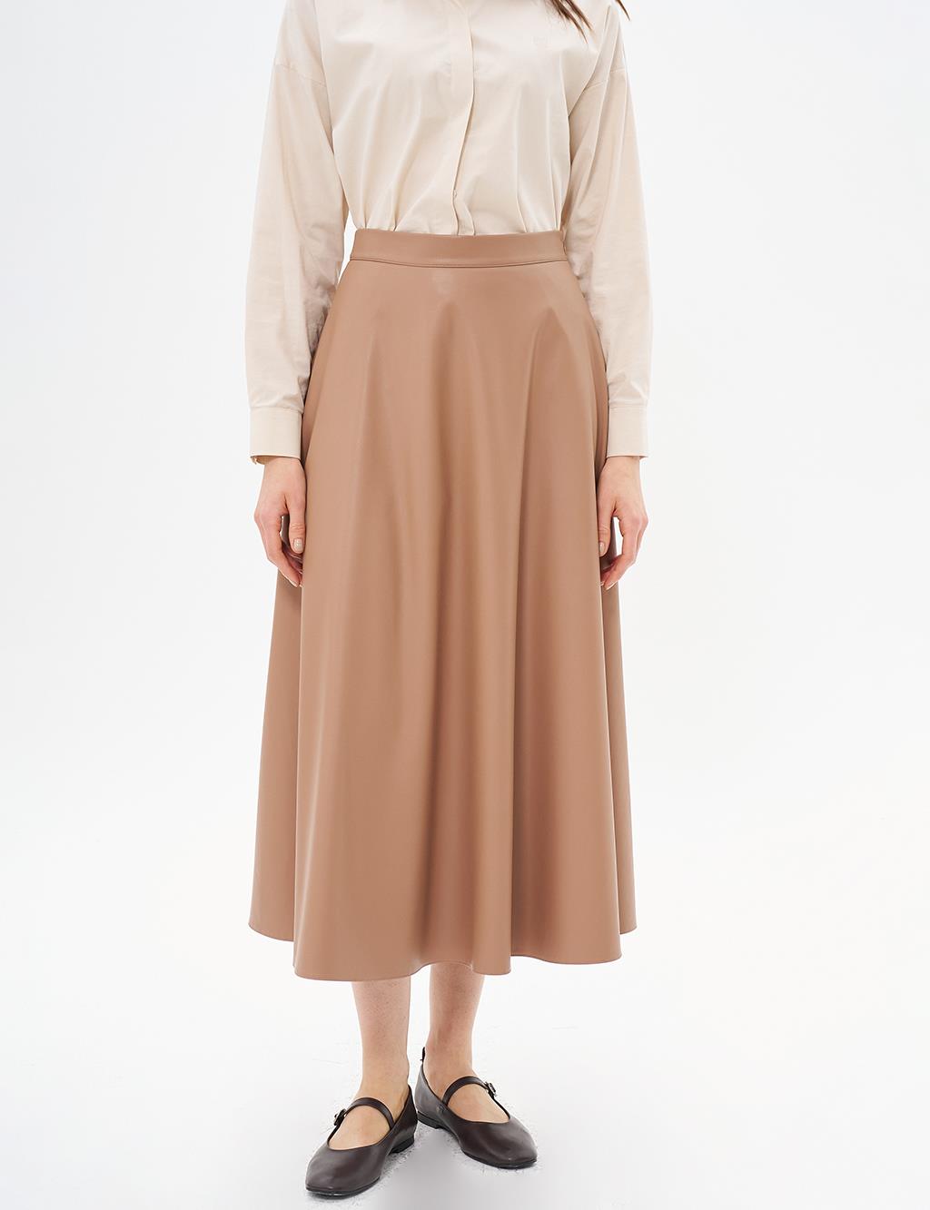 Zippered Faux Leather Flared Skirt Beige