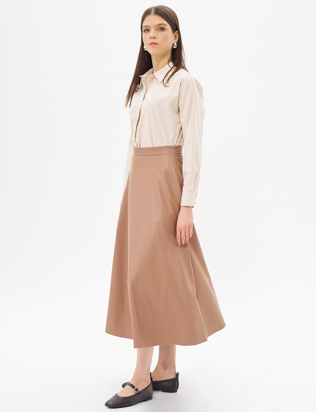 Zippered Faux Leather Flared Skirt Beige