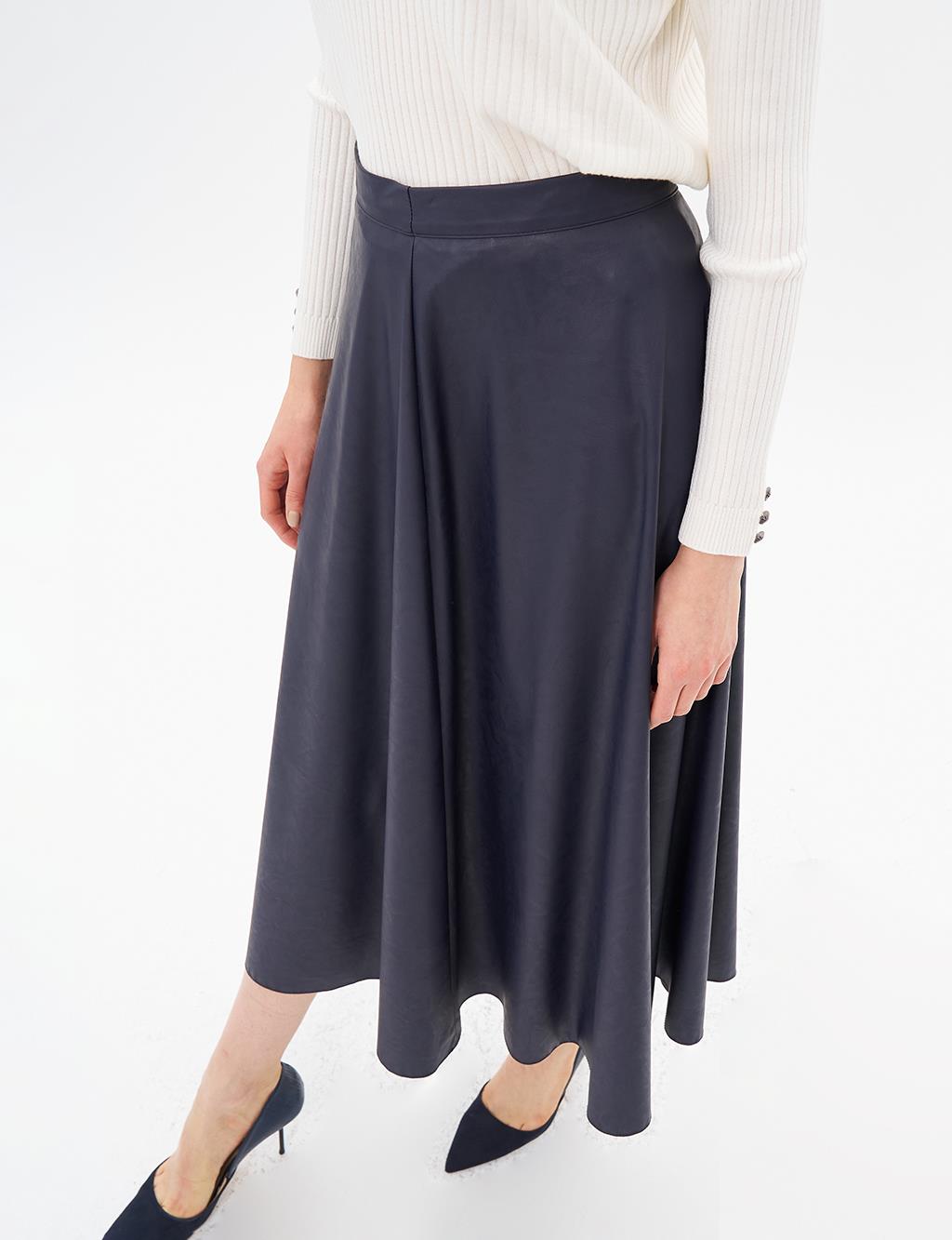 High Waist Faux Leather Skirt Dark Navy Blue