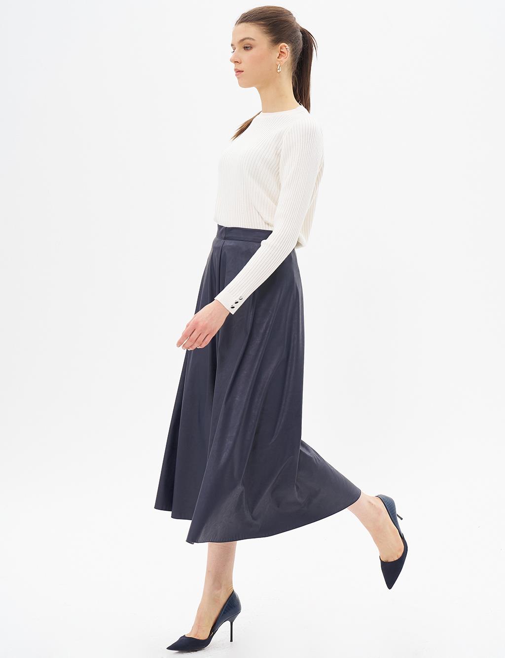 High Waist Faux Leather Skirt Dark Navy Blue