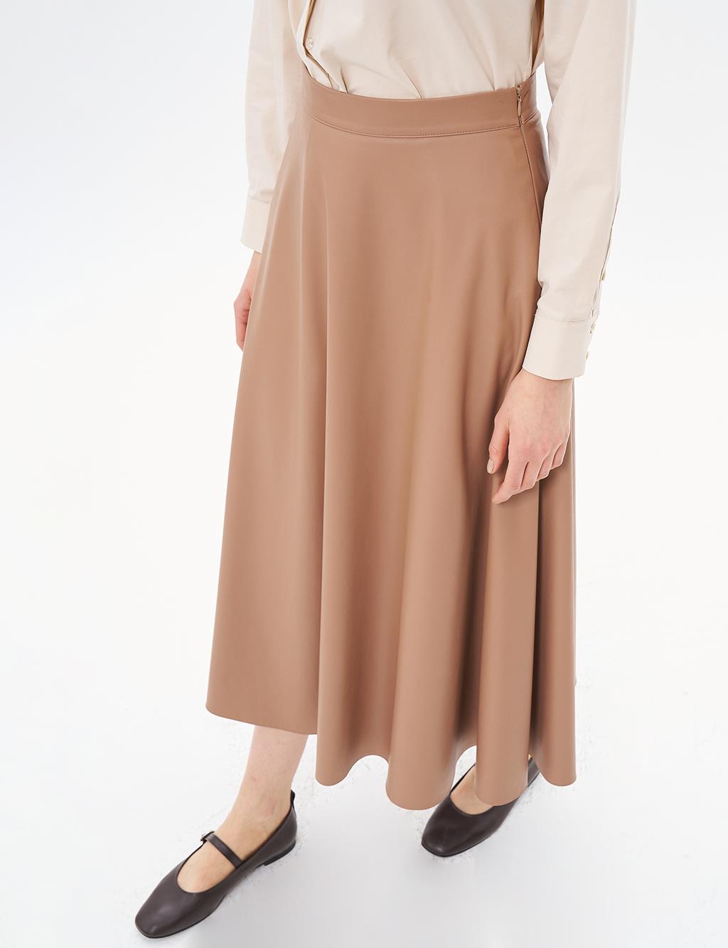 Zippered Faux Leather Flared Skirt Beige