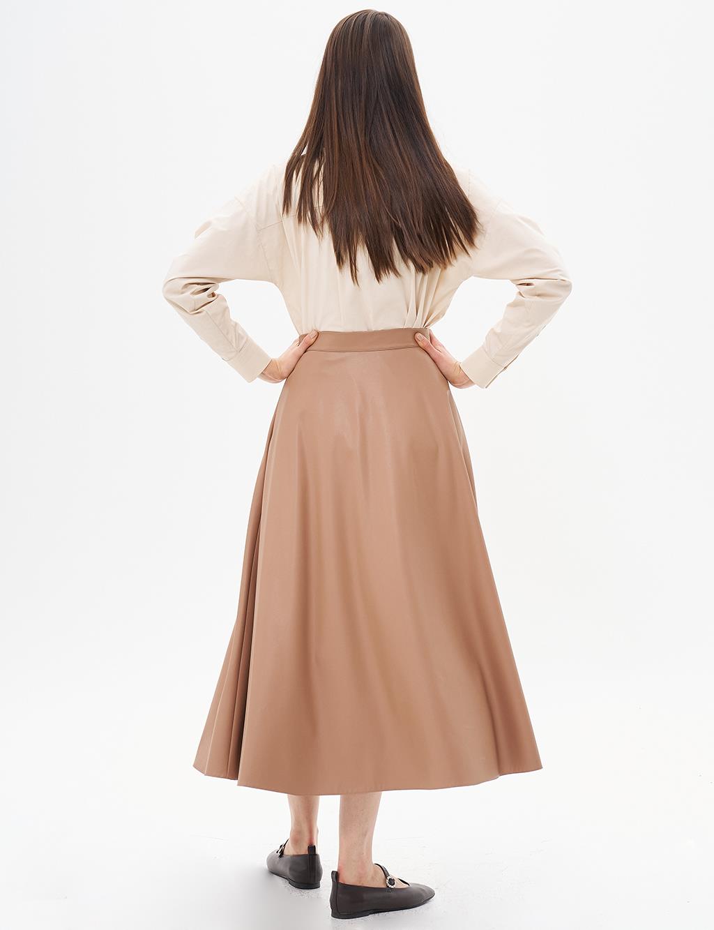 Zippered Faux Leather Flared Skirt Beige