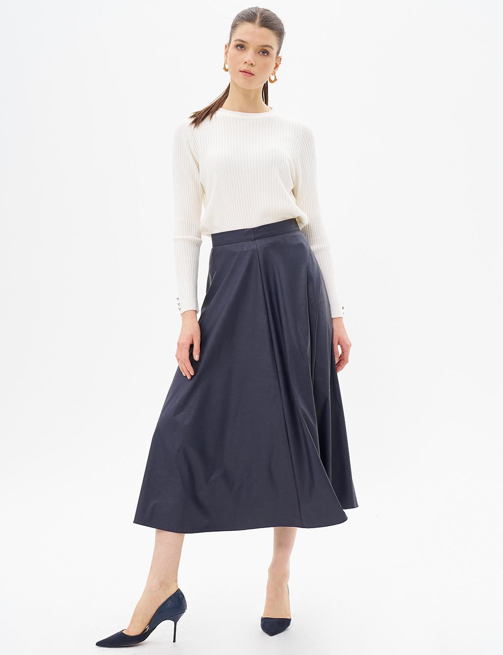 High Waist Faux Leather Skirt Dark Navy Blue