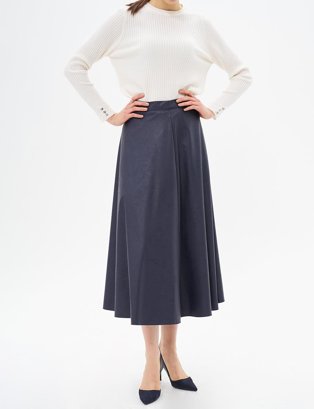 High Waist Faux Leather Skirt Dark Navy Blue