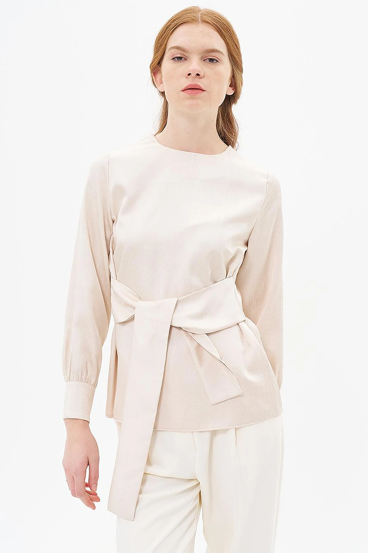 Belted Zero Collar Blouse Beige