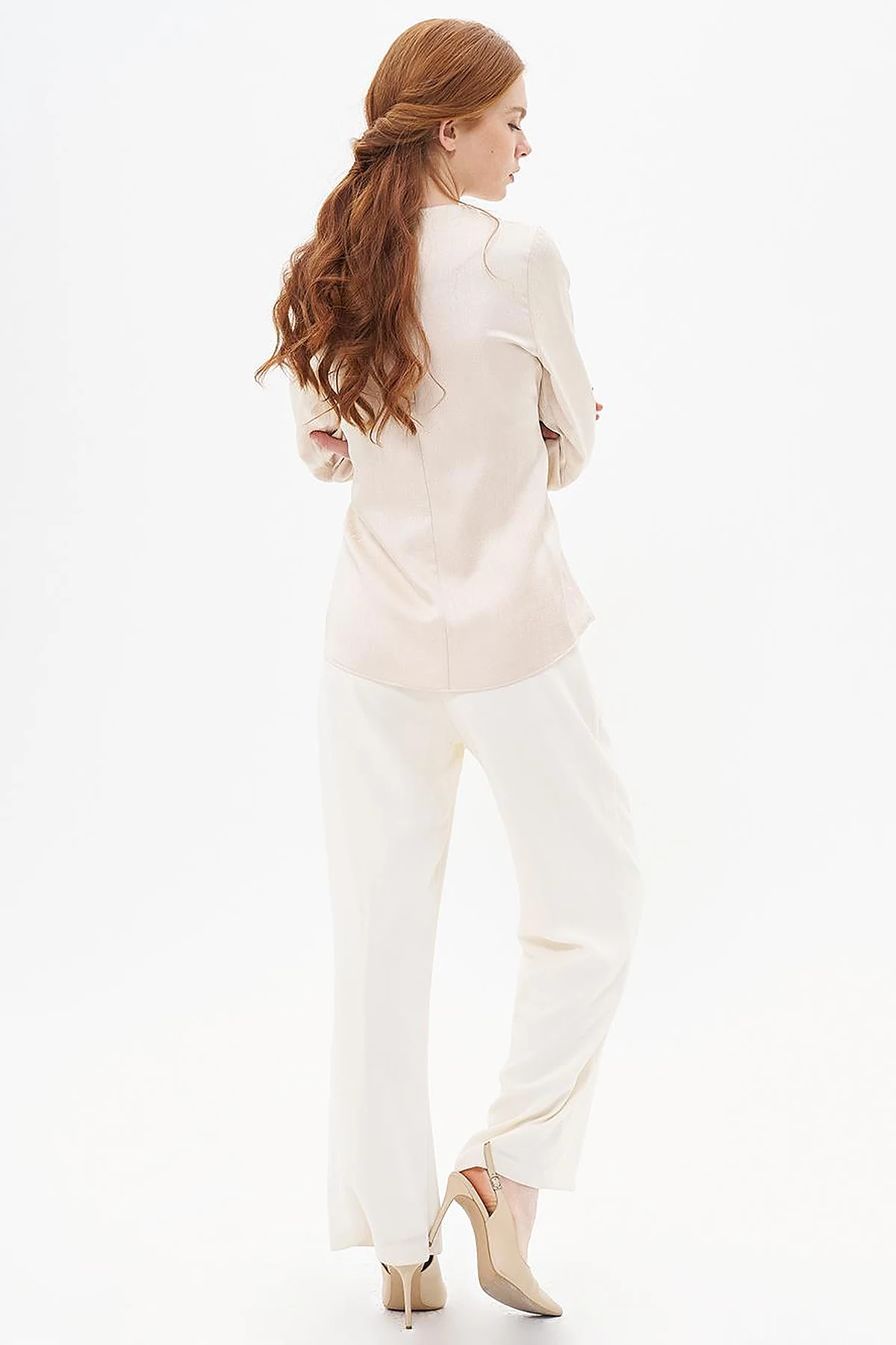 Belted Zero Collar Blouse Beige