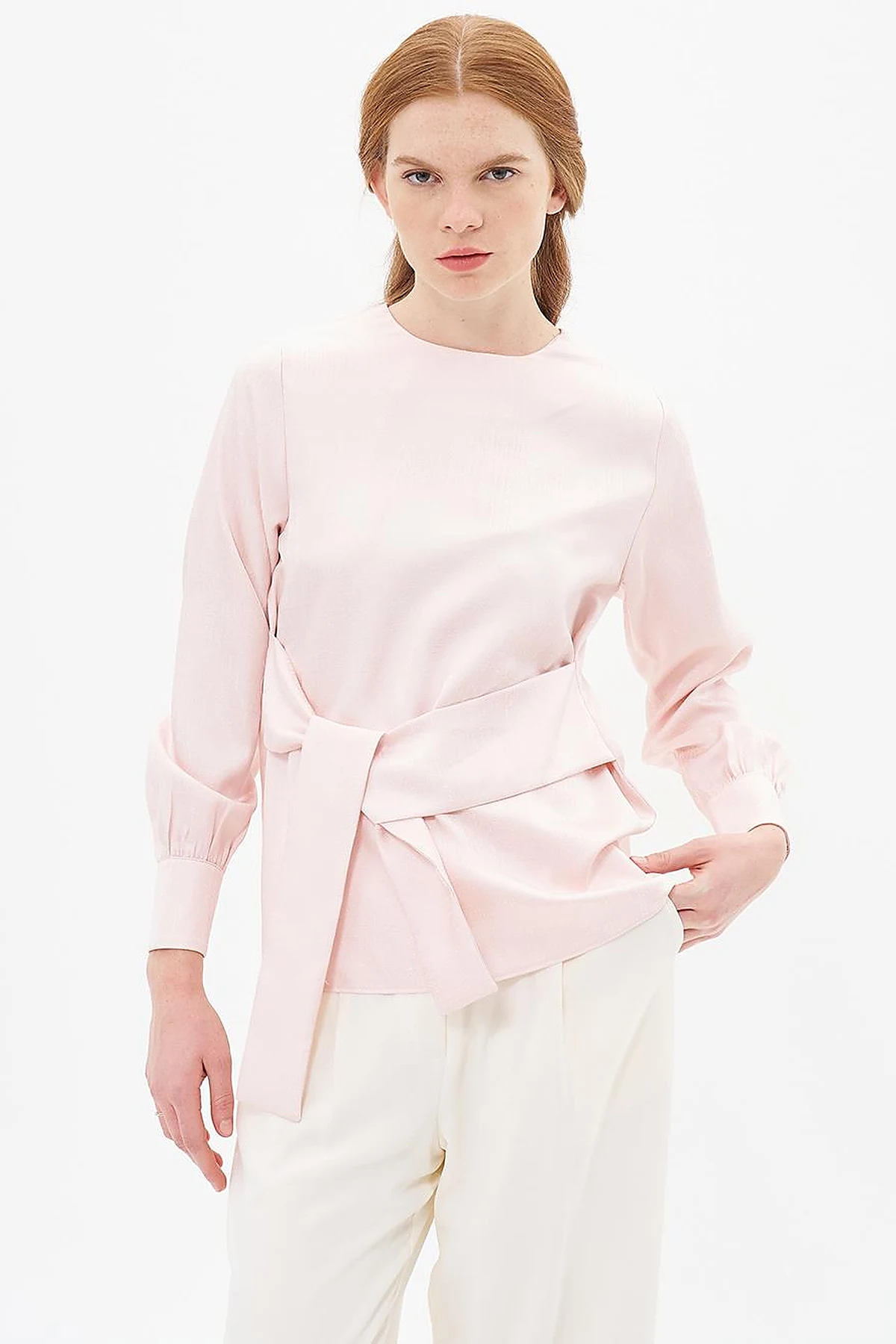 Belted Zero Collar Blouse Powder Color