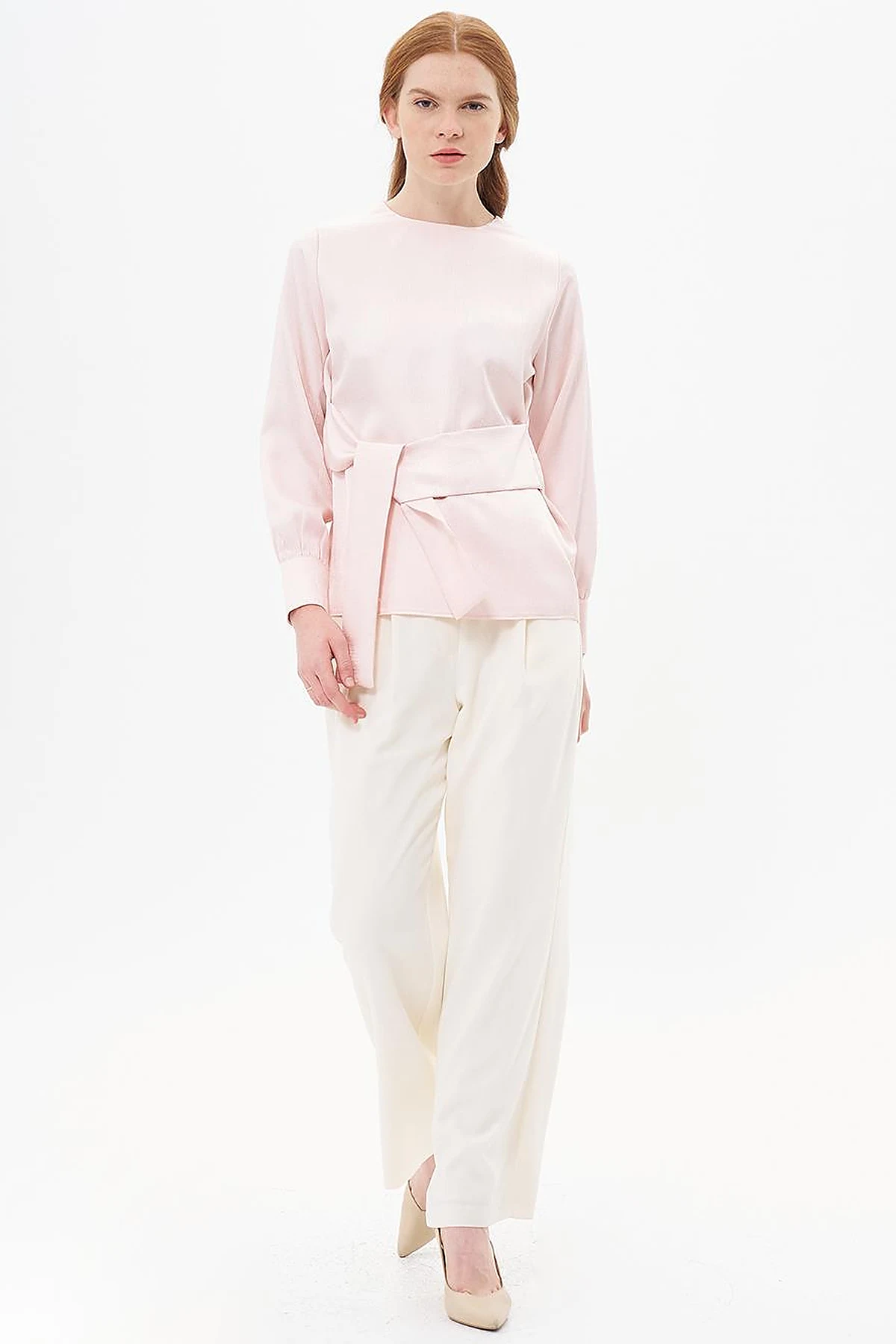 Belted Zero Collar Blouse Powder Color