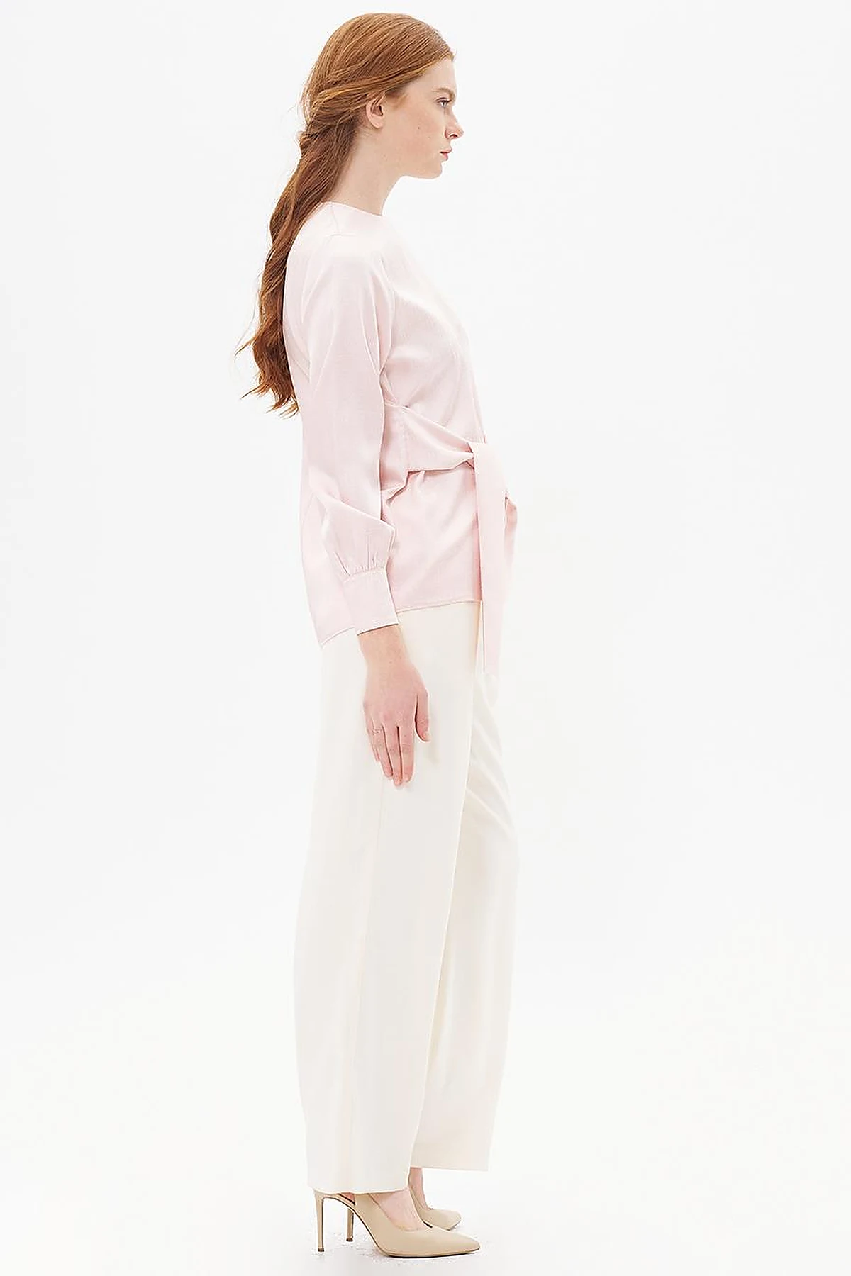 Belted Zero Collar Blouse Powder Color