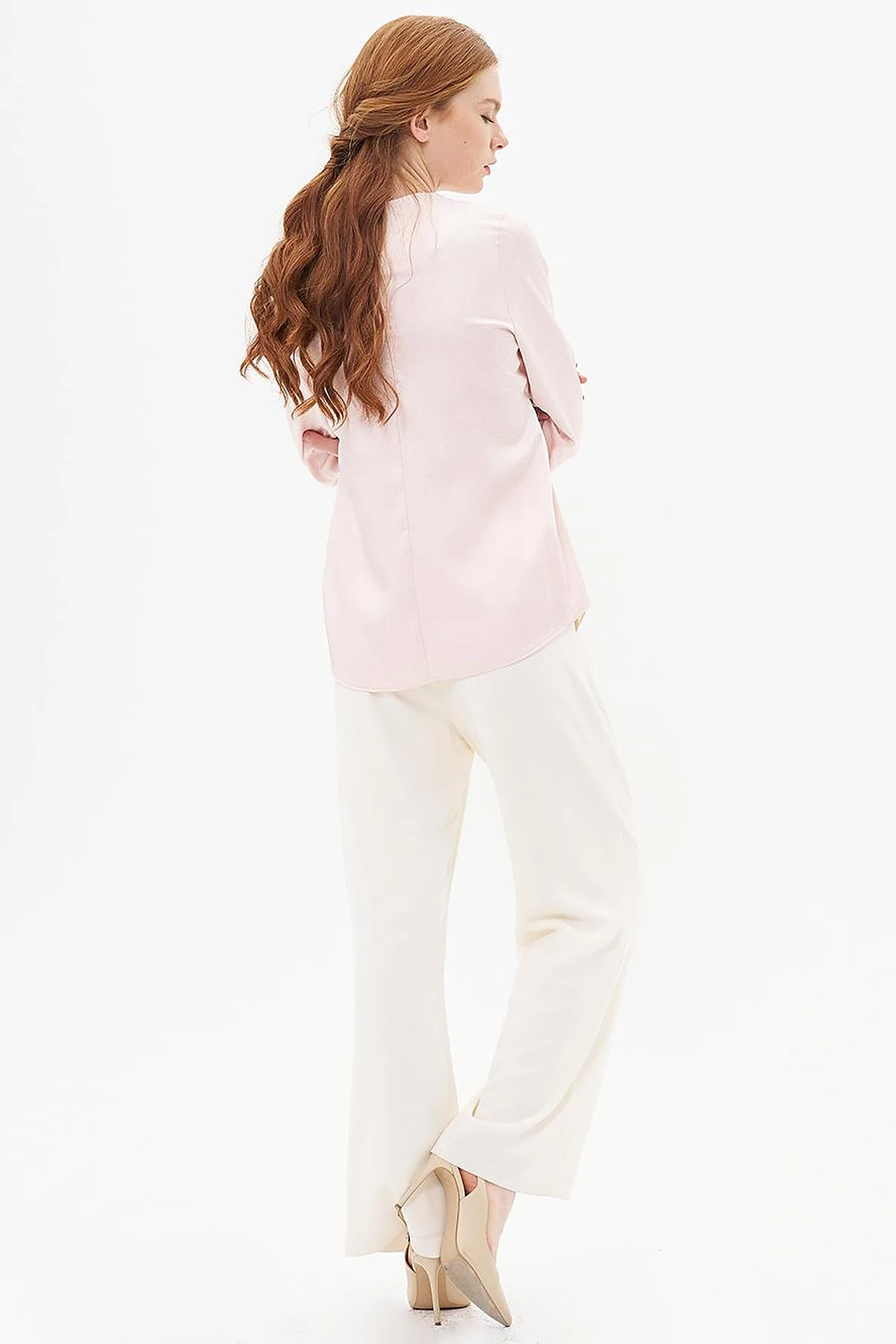 Belted Zero Collar Blouse Powder Color