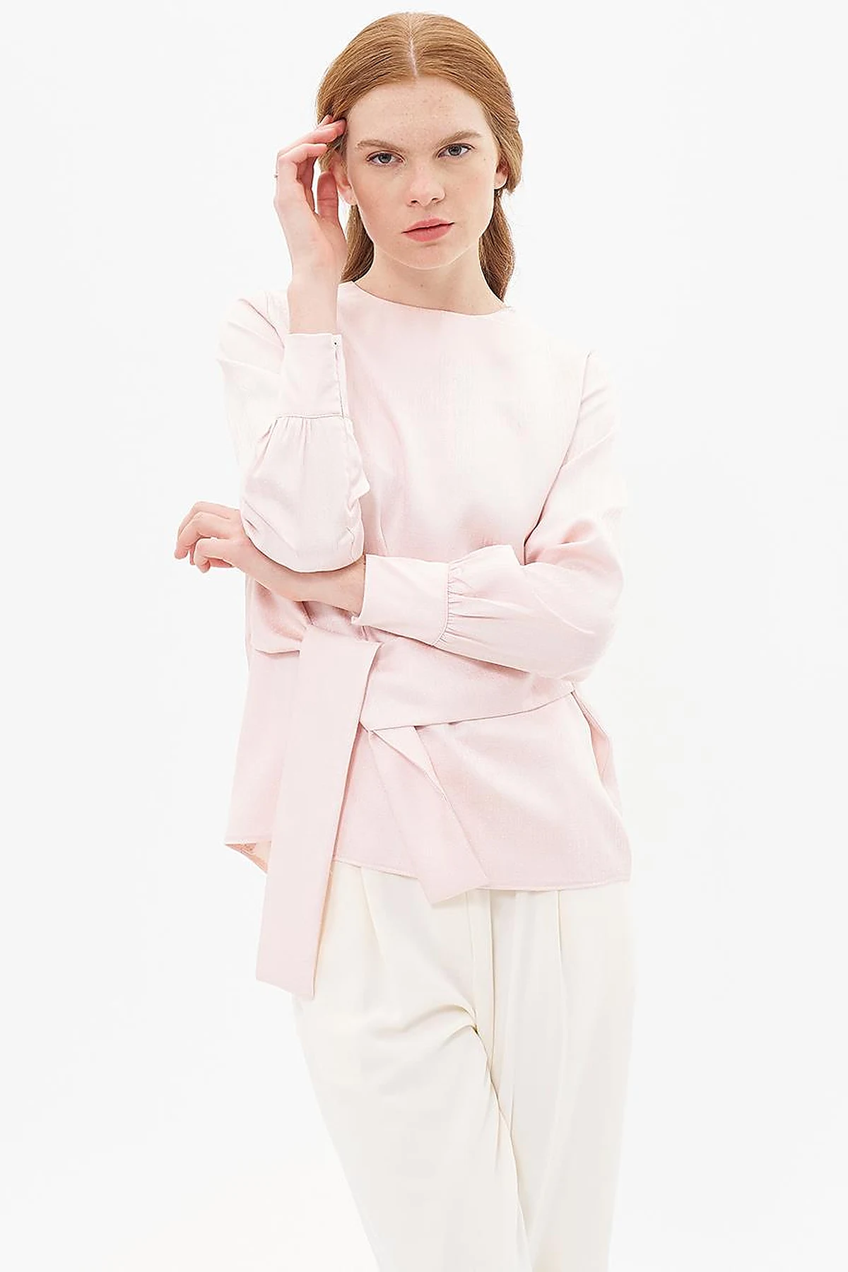 Belted Zero Collar Blouse Powder Color