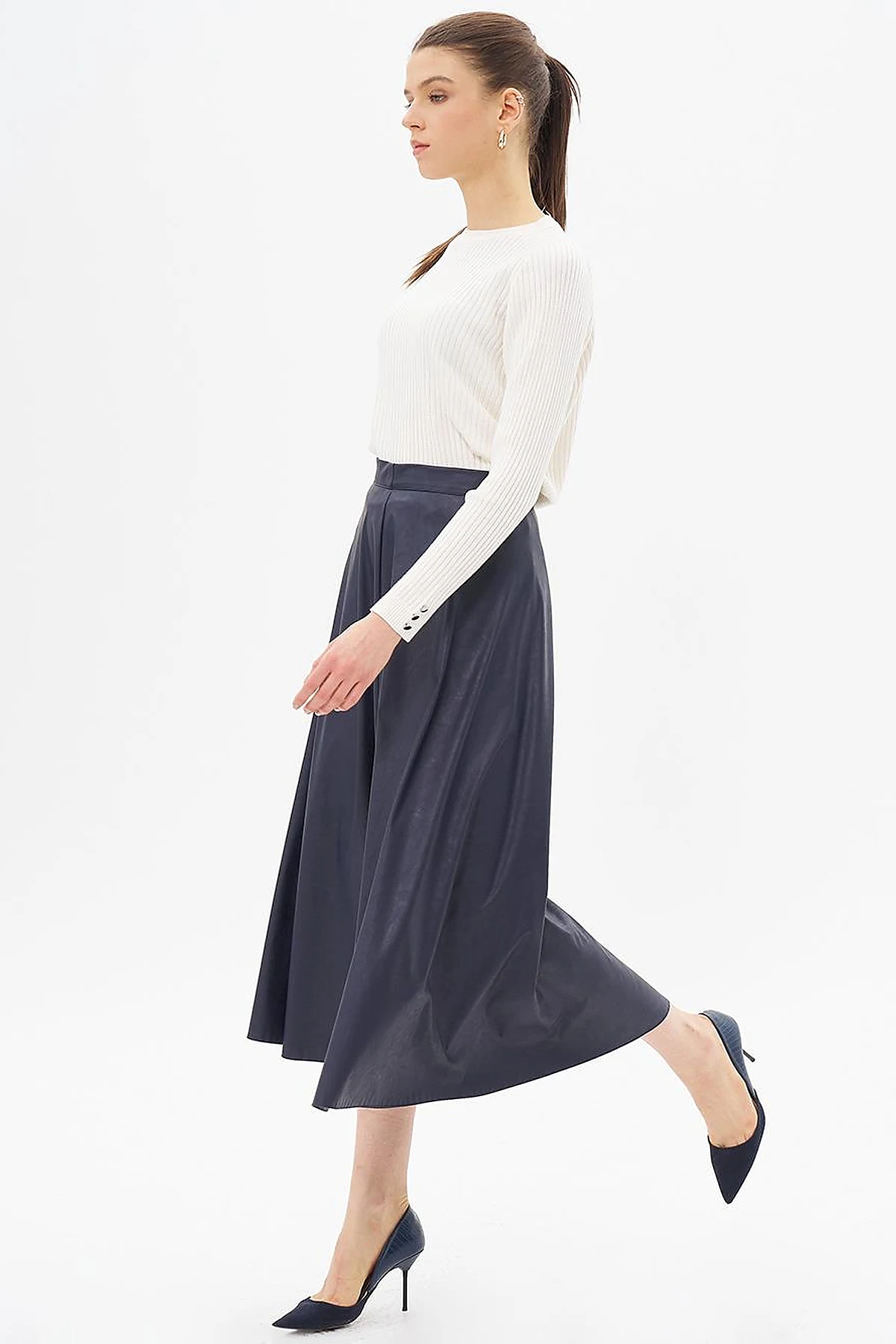 High Waist Faux Leather Skirt Dark Navy Blue