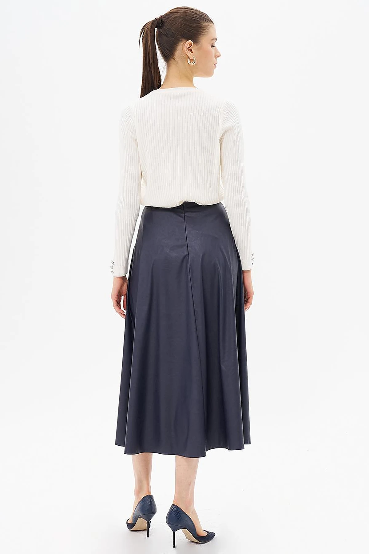 High Waist Faux Leather Skirt Dark Navy Blue