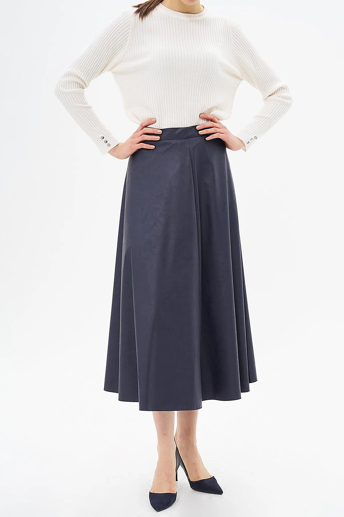 High Waist Faux Leather Skirt Dark Navy Blue