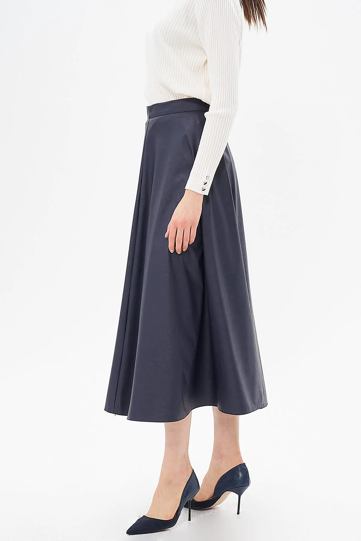 High Waist Faux Leather Skirt Dark Navy Blue