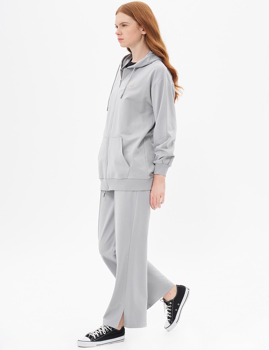 Kapüşonlu Fermuar Kapamalı Sweatshirt Gri