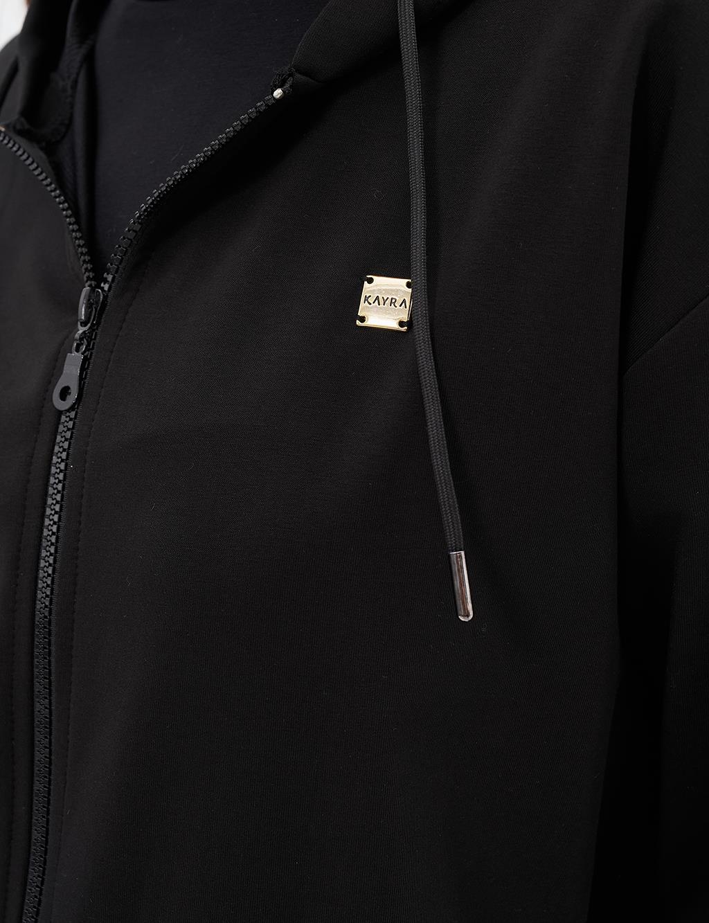 Kapüşonlu Fermuar Kapamalı Sweatshirt Siyah