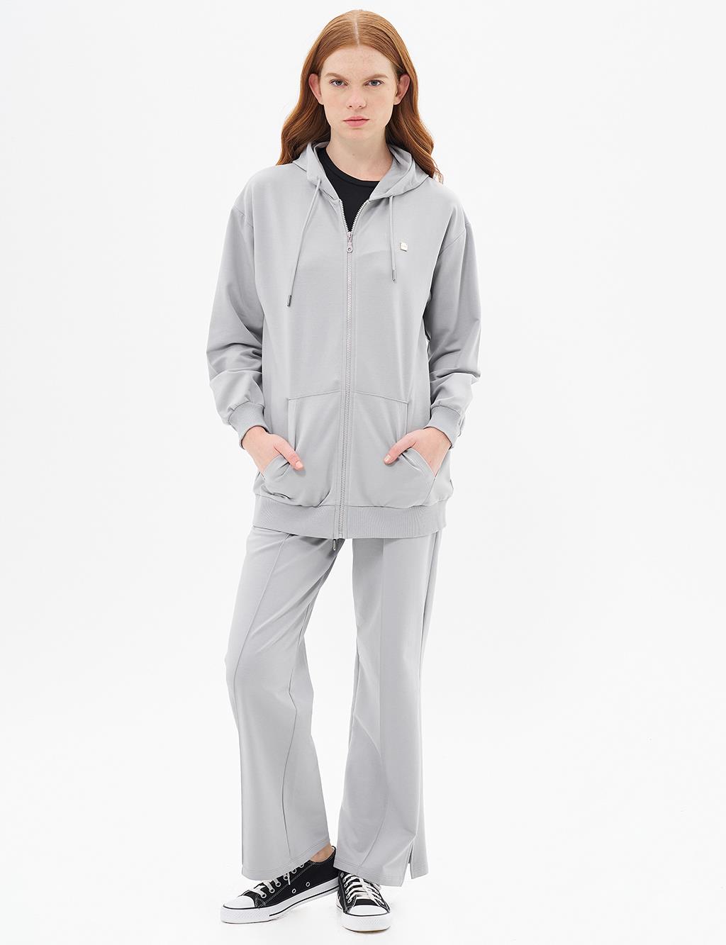 Kapüşonlu Fermuar Kapamalı Sweatshirt Gri
