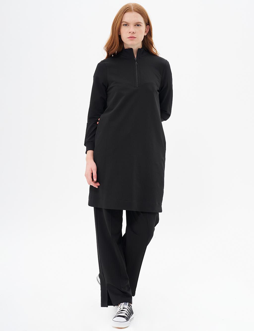 Half Zipper Closure Pocket Detailed Tunic Black