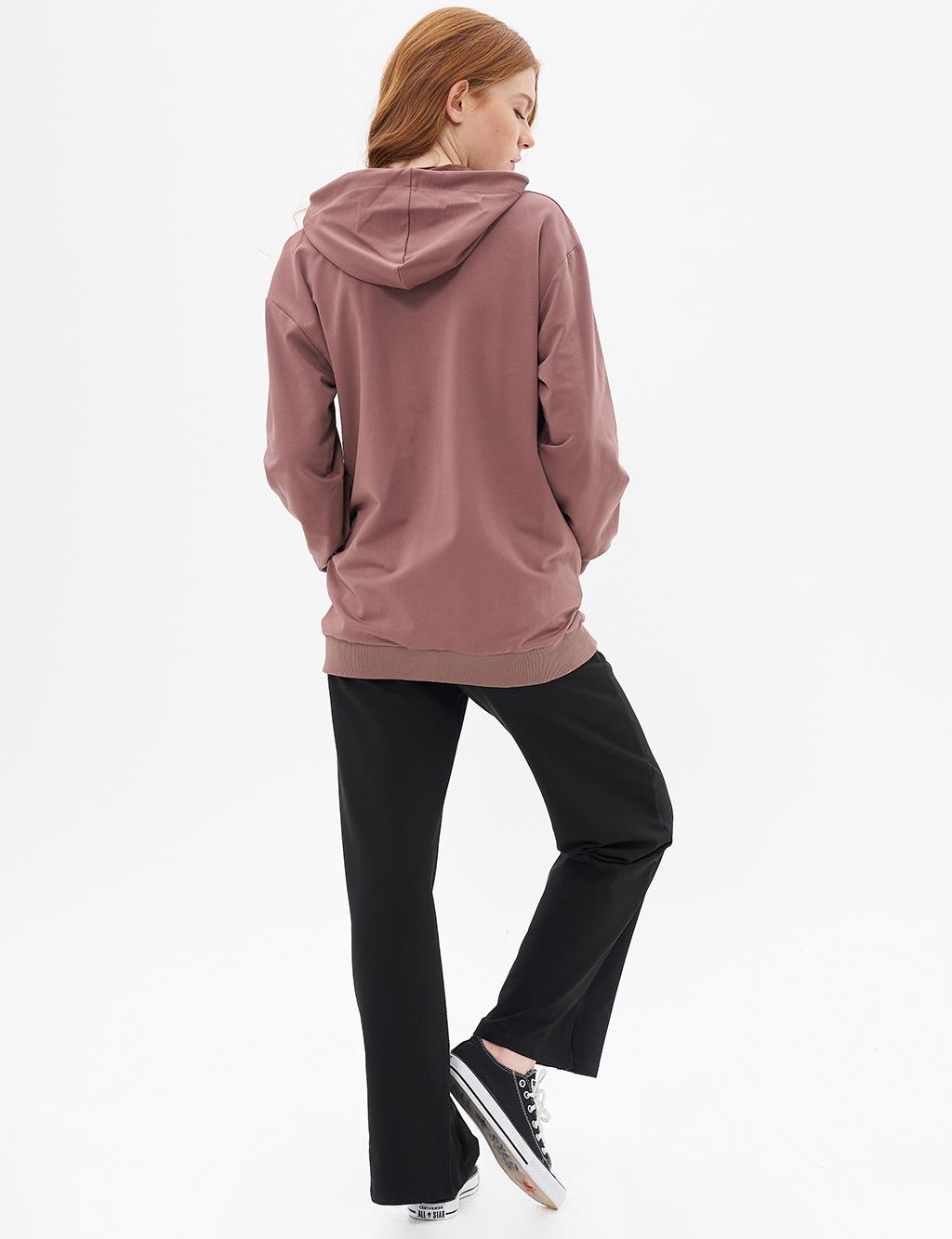 Kapüşonlu Fermuar Kapamalı Sweatshirt Kahve