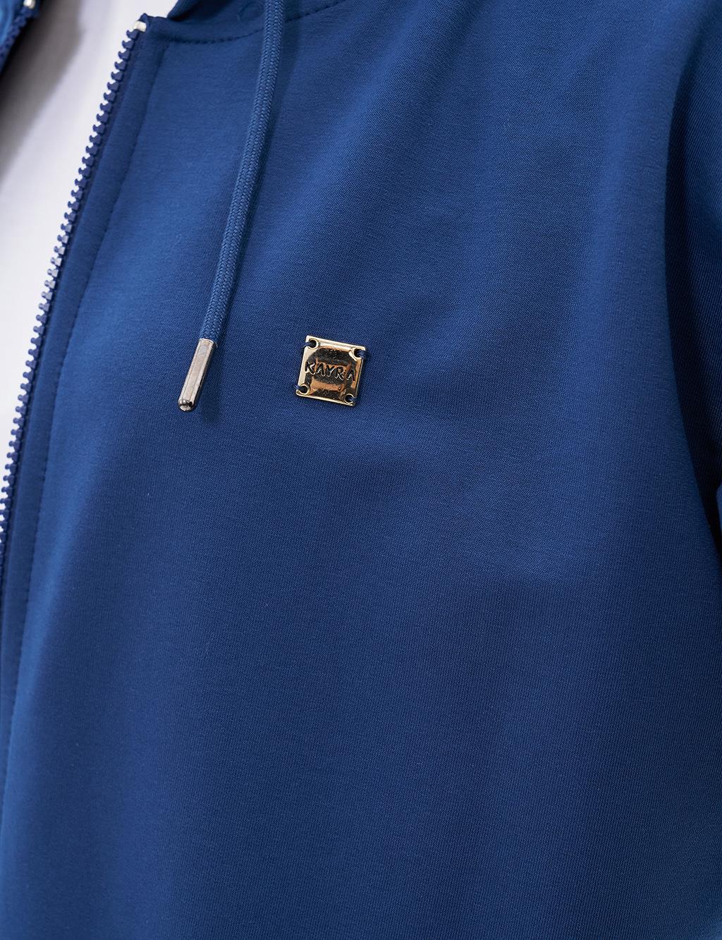 Kapüşonlu Fermuar Kapamalı Sweatshirt İndigo