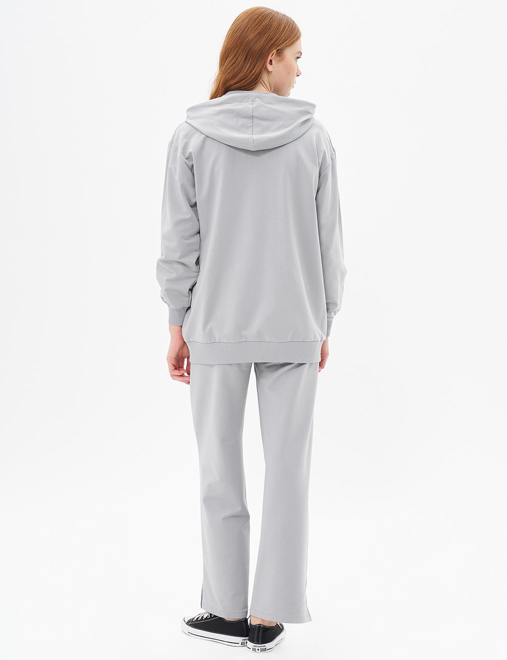 Kapüşonlu Fermuar Kapamalı Sweatshirt Gri