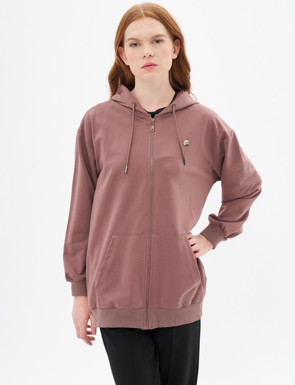 Kapüşonlu Fermuar Kapamalı Sweatshirt Kahve