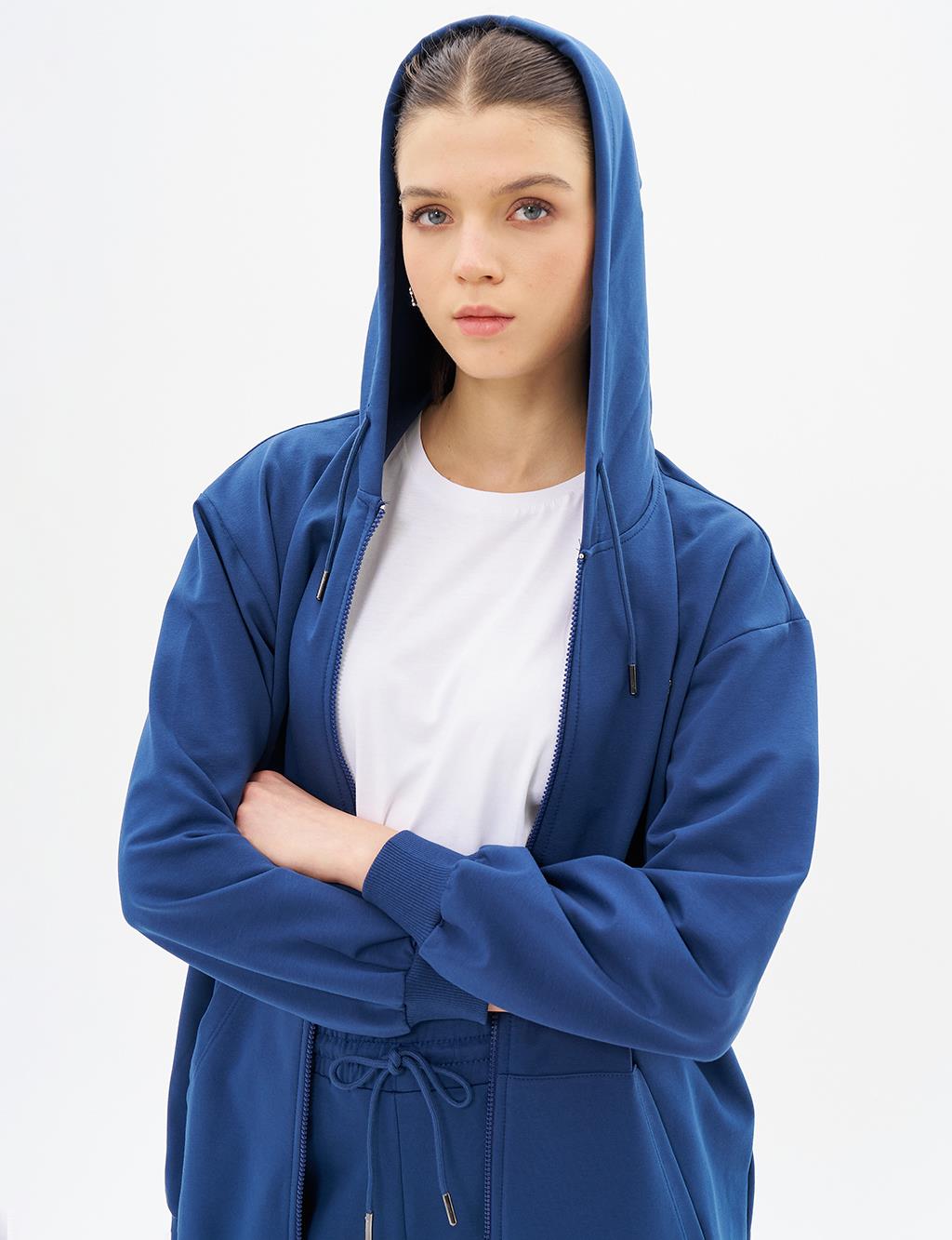 Kapüşonlu Fermuar Kapamalı Sweatshirt İndigo