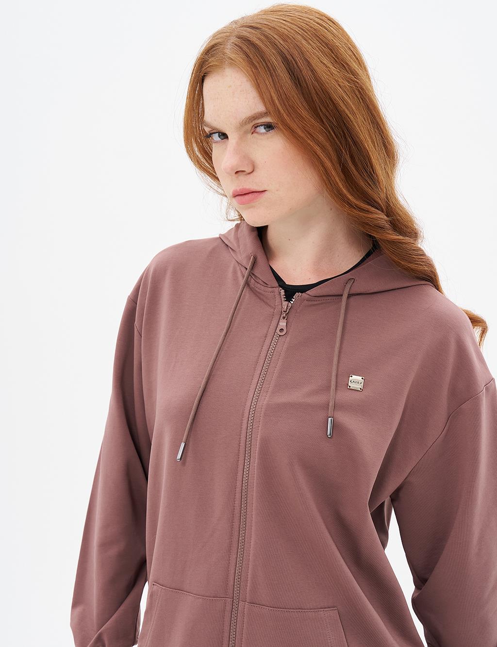 Kapüşonlu Fermuar Kapamalı Sweatshirt Kahve