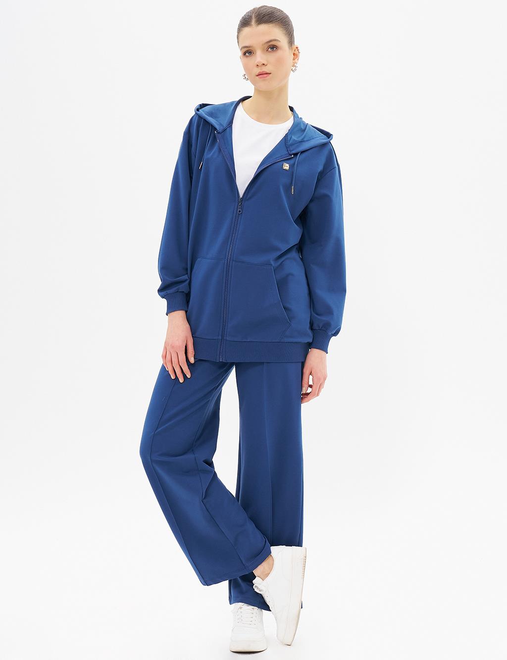 Kapüşonlu Fermuar Kapamalı Sweatshirt İndigo