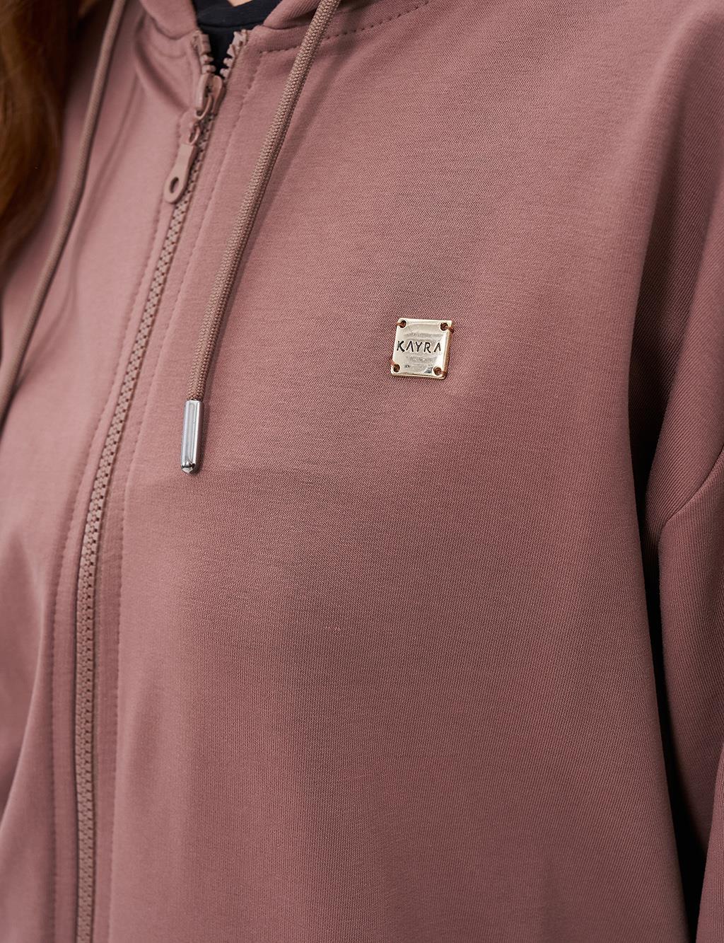 Kapüşonlu Fermuar Kapamalı Sweatshirt Kahve