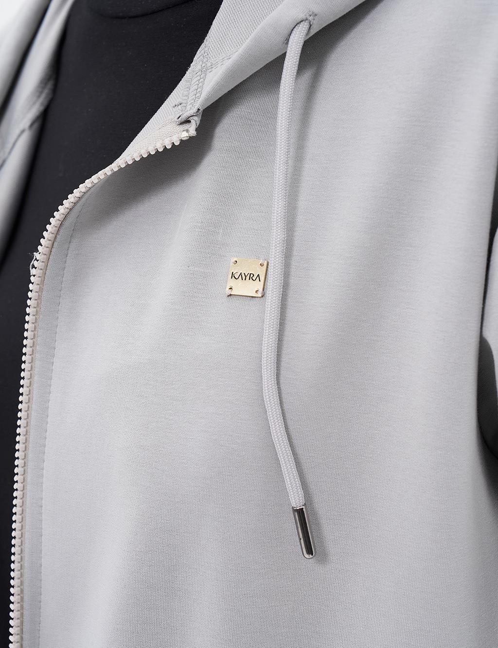 Kapüşonlu Fermuar Kapamalı Sweatshirt Gri