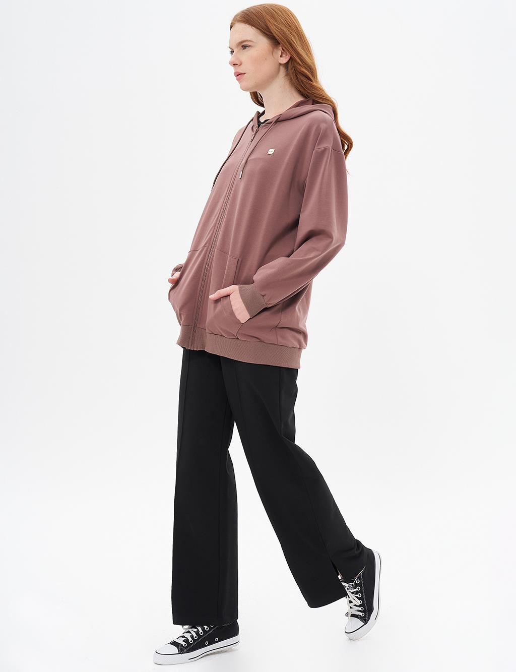 Kapüşonlu Fermuar Kapamalı Sweatshirt Kahve