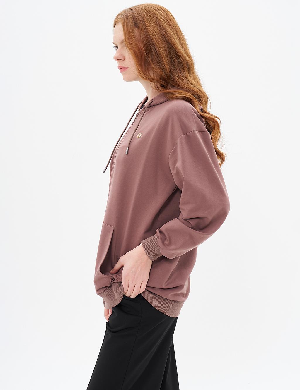 Kapüşonlu Fermuar Kapamalı Sweatshirt Kahve