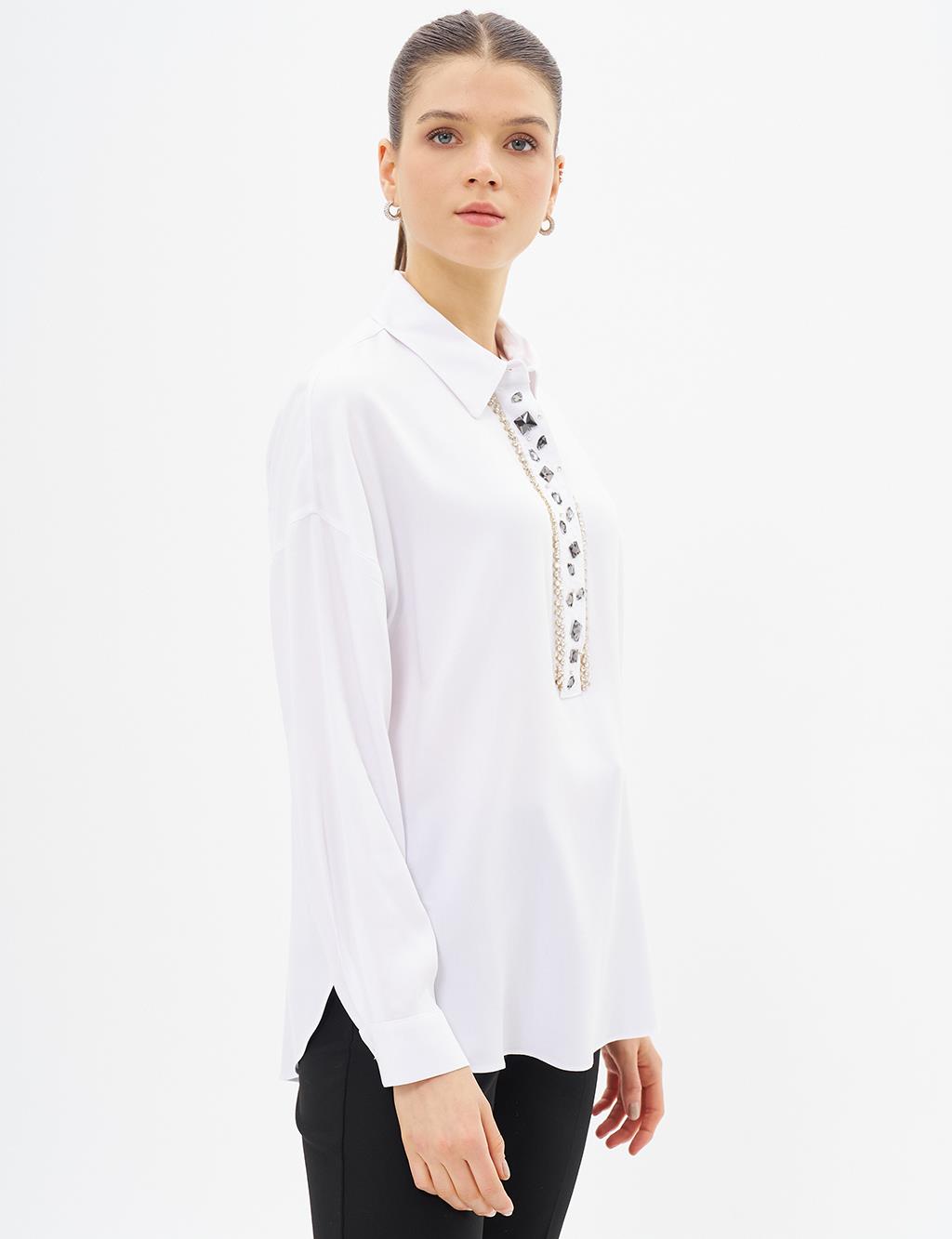 Stone Embroidered Chic Blouse Optic White