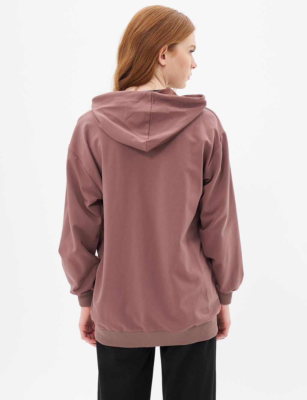 Kapüşonlu Fermuar Kapamalı Sweatshirt Kahve