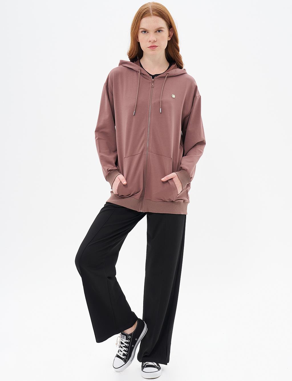 Kapüşonlu Fermuar Kapamalı Sweatshirt Kahve