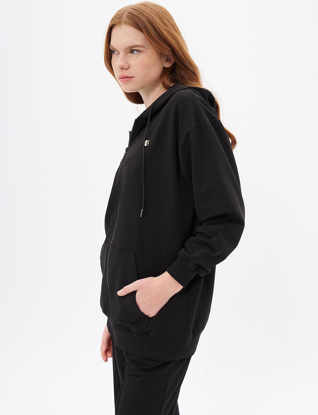 Kapüşonlu Fermuar Kapamalı Sweatshirt Siyah